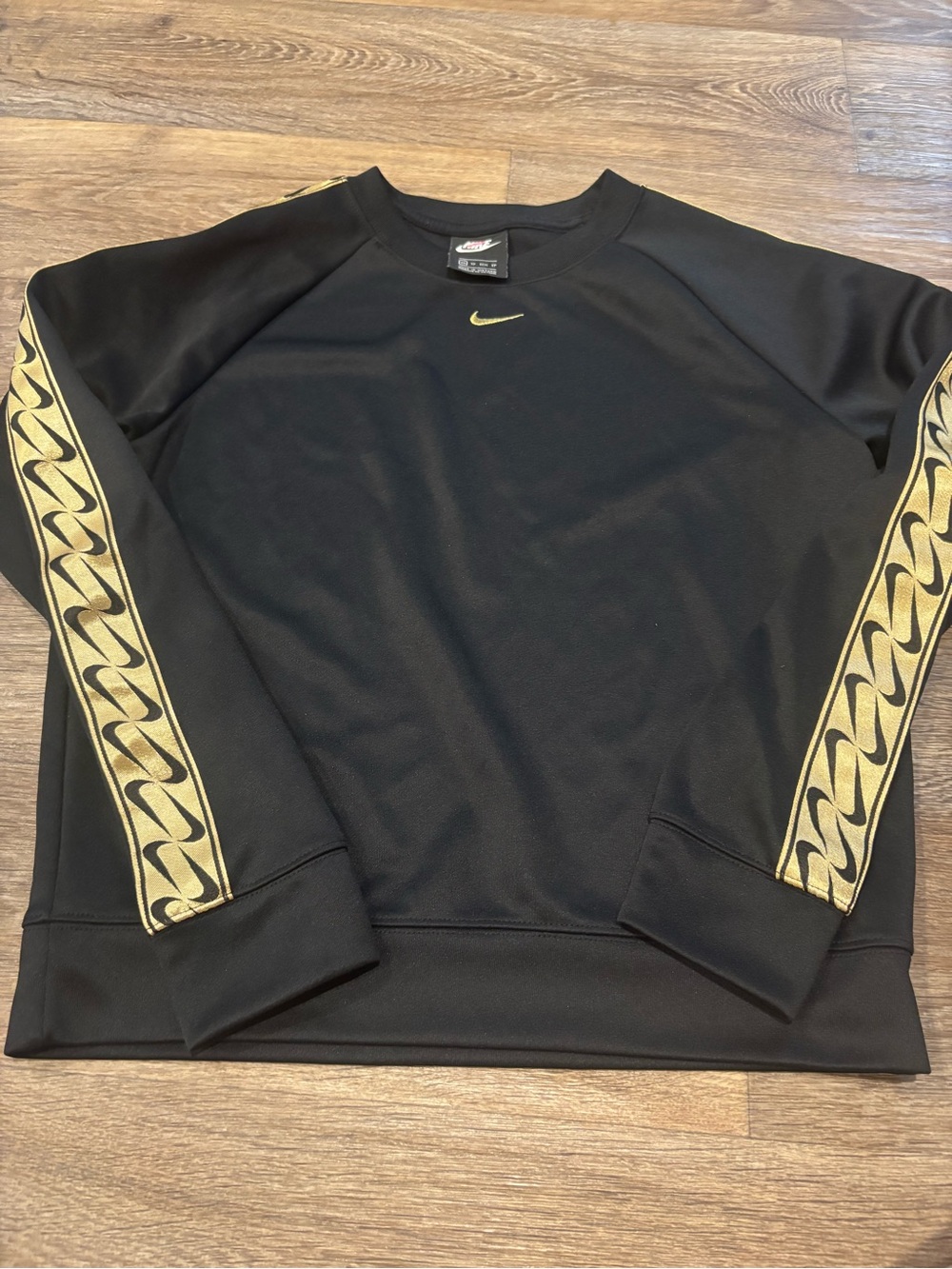 Nike Sportswear Logo Tape Crew Sweatshirt Black Metallic Gold Womens XS